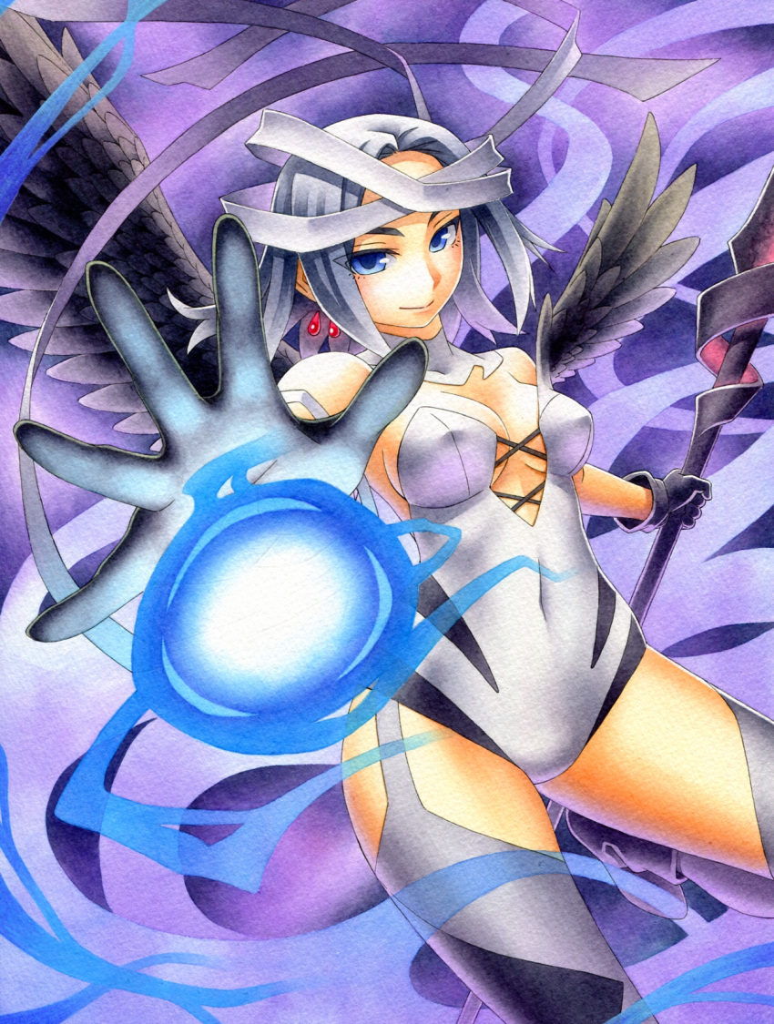 >:), 1girl, bandages, black_gloves, black_wings, blue_eyes, gloves, grey_hair