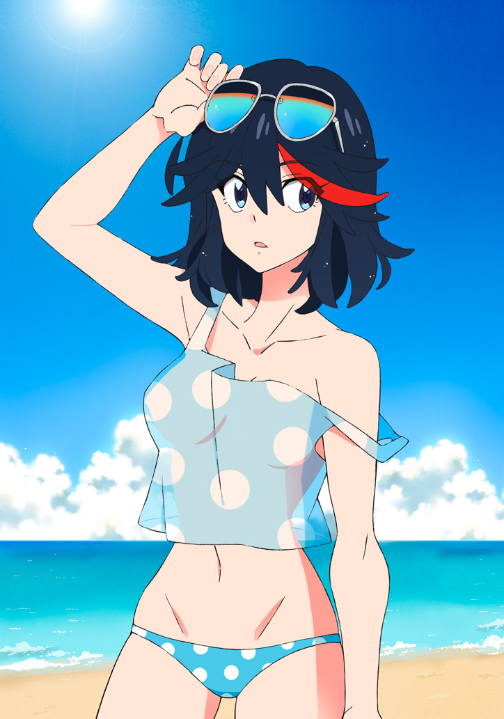1girl, beach, bikini_bottom, black_hair, blue_eyes, blue_sky, clouds, kill_la_kill