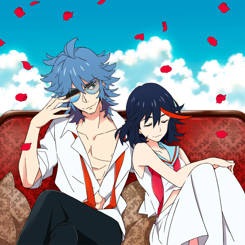 1boy, 1girl, adjusting_glasses, black_hair, blue_hair, blue_sky, closed_eyes, clouds
