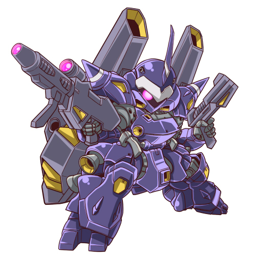 beam_rifle, chibi, dual_wielding, energy_gun, gun, gundam, gundam_build_fighters, kampfer_amazing, kubomin, lowres, no_humans, simple_background, single_eye, solo, weapon, white_background