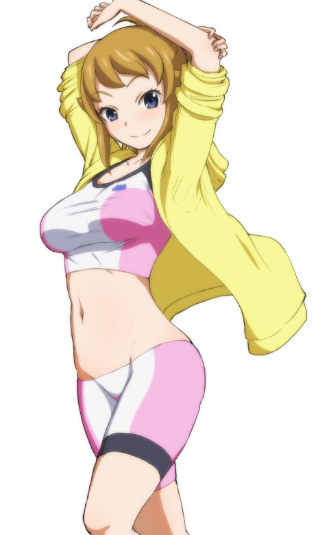1girl, bike_shorts, blue_eyes, brown_hair, gundam, gundam_build_fighters, gundam_build_fighters_try, hone_koppunn, hoshino_fumina, midriff, navel, simple_background, sports_bra, white_background