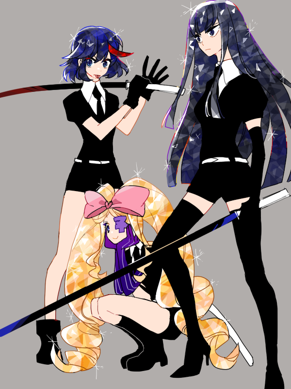 3girls, alternate_costume, black_hair, blonde_hair, boots, bow, chappa_(kaetodo), chin_rest