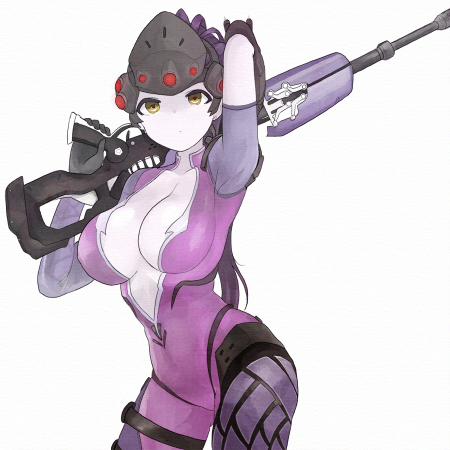 1girl, black_hair, bodysuit, breasts, center_opening, cleavage, gun, jorin