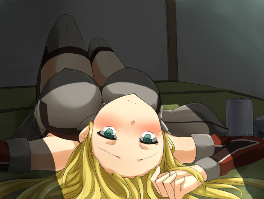 1girl, aqua_eyes, ayyh, bismarck_(kantai_collection), blonde_hair, blush, breasts, can