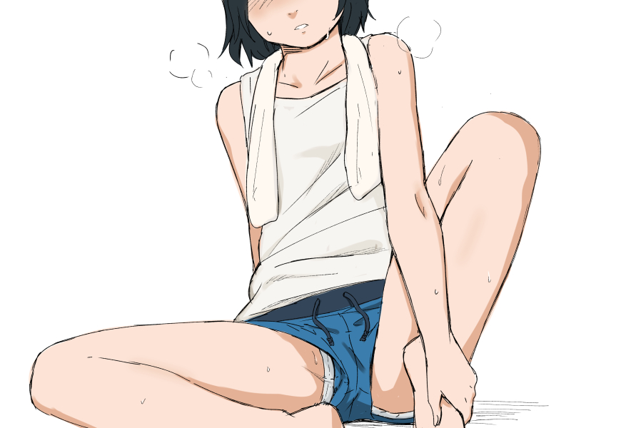 1girl, black_hair, open_mouth, original, panty_peek, shibasaki_shouji, shorts, sitting