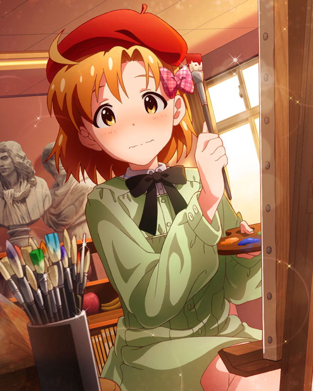 1girl, ahoge, art_room, beret, blush, brown_eyes, brown_hair, bust