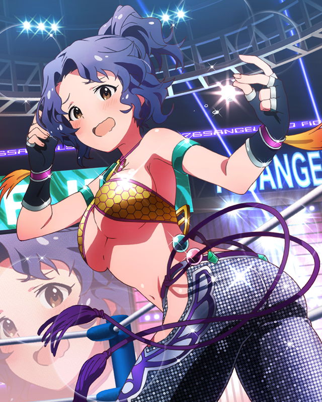 1girl, artist_request, ass, blue_hair, breasts, brown_eyes, christie_monteiro, christie_monteiro_(cosplay), company_connection, cosplay, fingerless_gloves, gloves, idolmaster, idolmaster_million_live!, midriff, namco, official_art, smile, tekken, toyokawa_fuuka