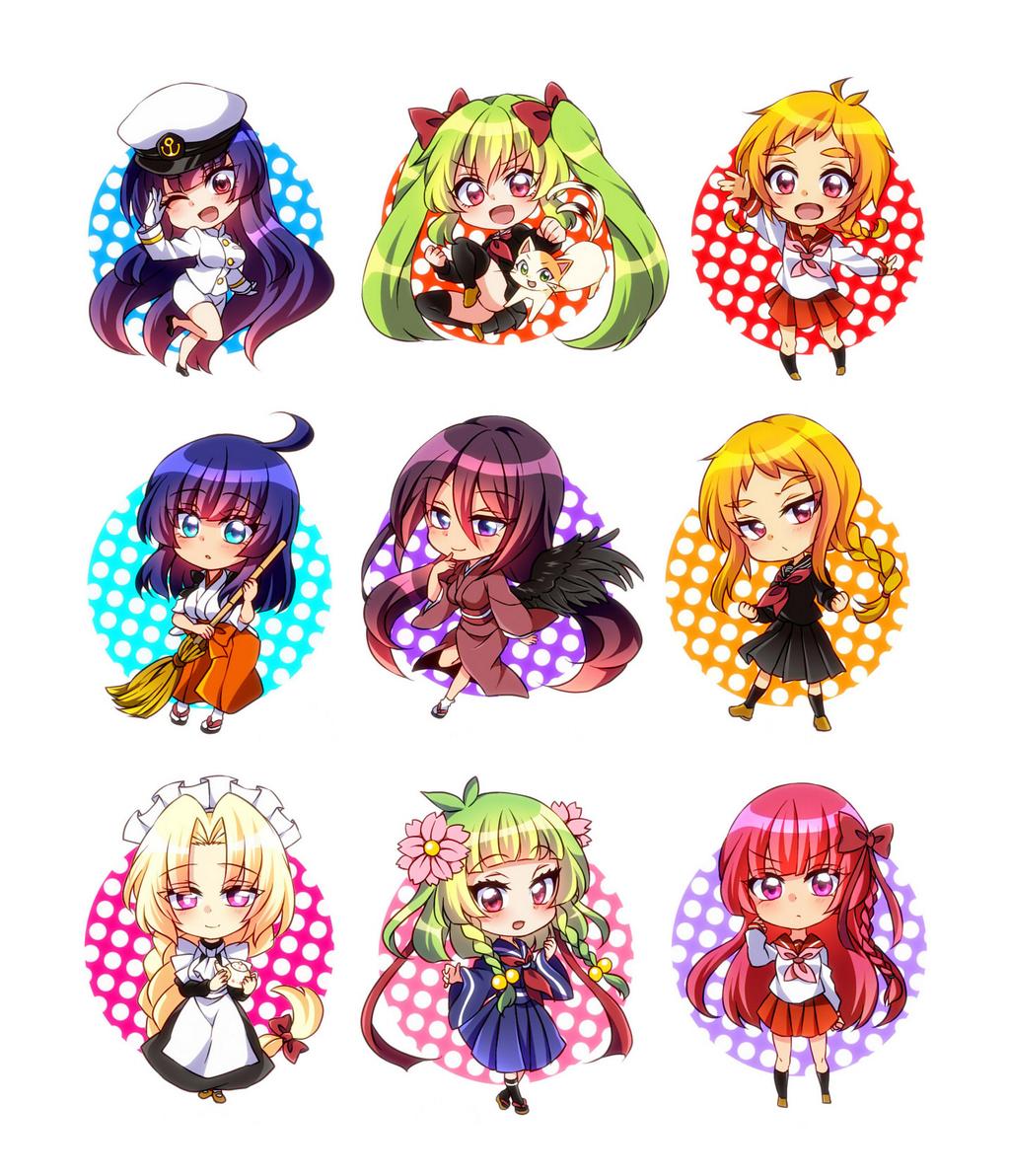 6+girls, :d, ;d, ahoge, akashiro_yakumo, apron, aqua_eyes, black_skirt, black_wings, blonde_hair, blue_eyes, blue_skirt, bow, braid, broom, chibi, flower, gradient_hair, green_hair, hair_bow, hair_flower, hair_ornament, hay, japanese_clothes, jinguu_shion, long_hair, looking_at_viewer, miko, military, military_uniform, miyabi_mahore, multicolored_hair, multiple_girls, natsu_hotaru, one_eye_closed, open_mouth, original, pink_eyes, purple_hair, red_eyes, red_skirt, redhead, ribbon, school_uniform, serafuku, short_hair, single_braid, skirt, smile, twin_braids, twintails, uniform, wings