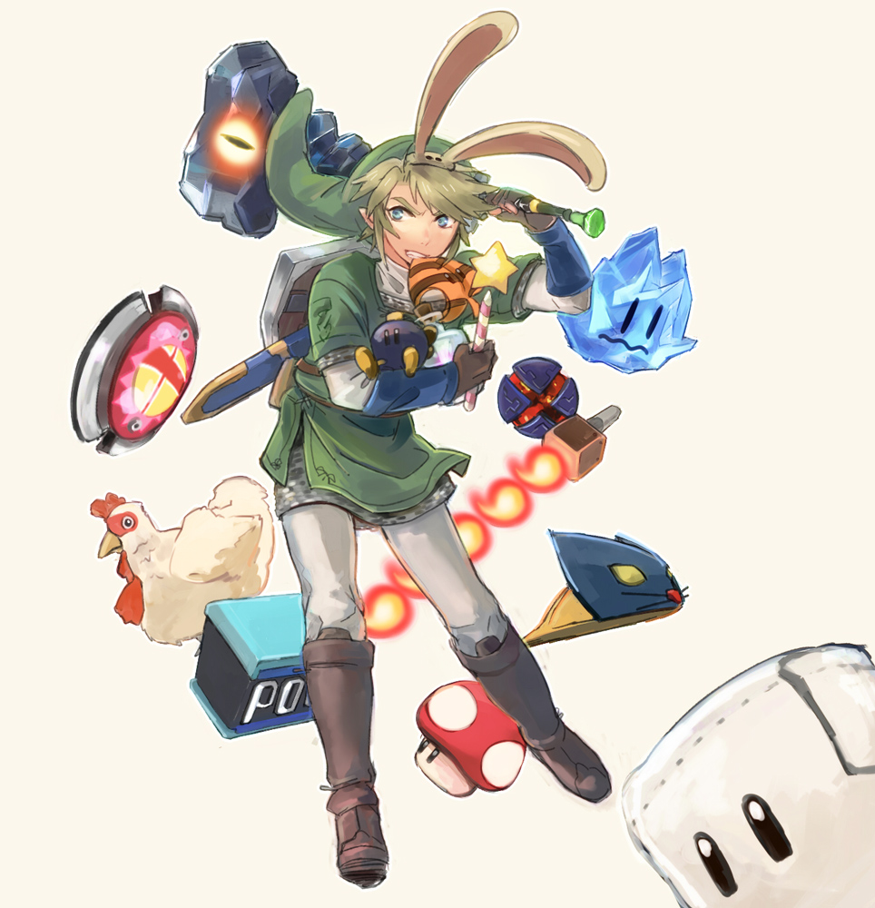 animal_ears, bird, biting, blonde_hair, blue_eyes, bottle, chicken, club