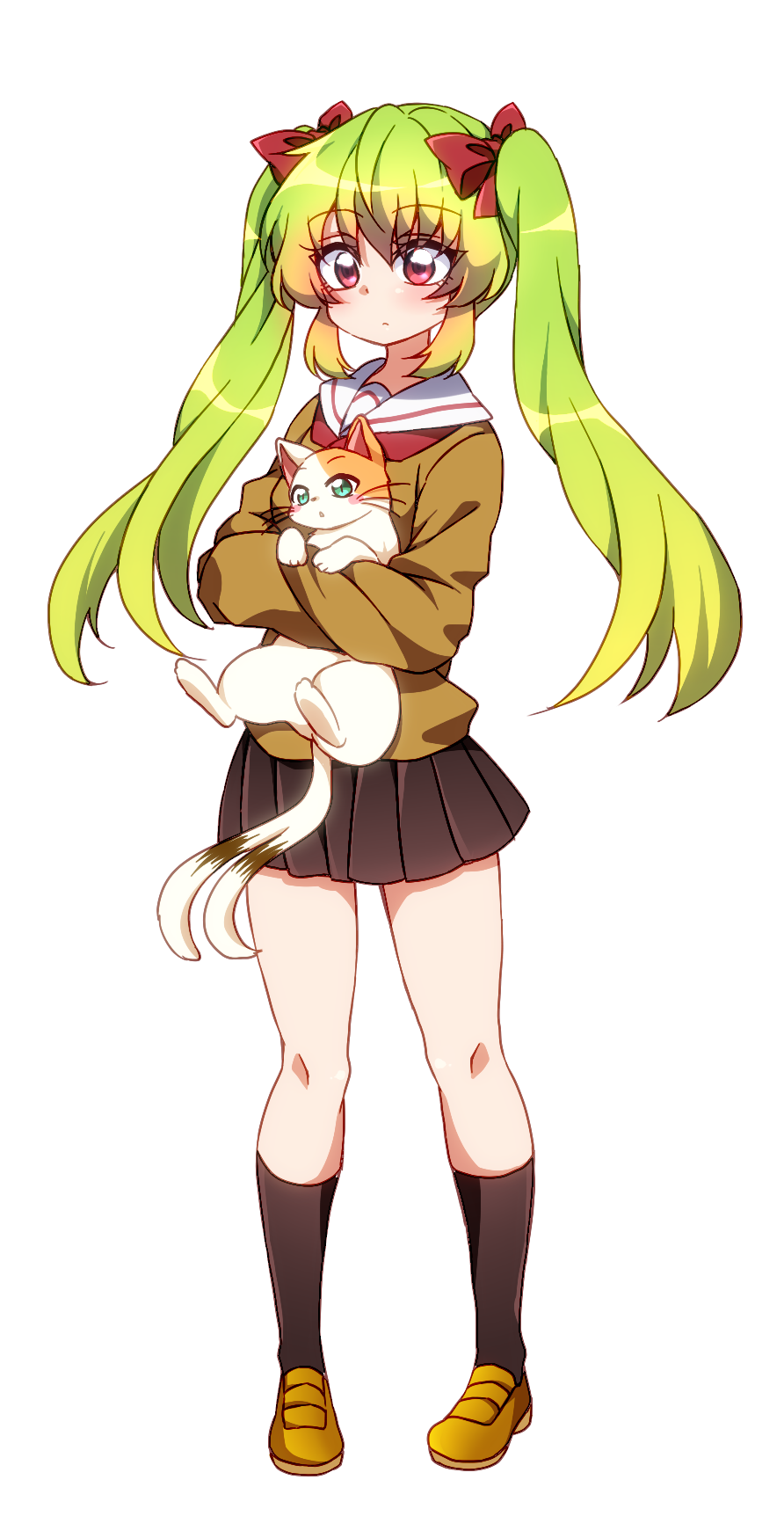 1girl, bow, carrying, cat, green_hair, hair_bow, highres, long_hair