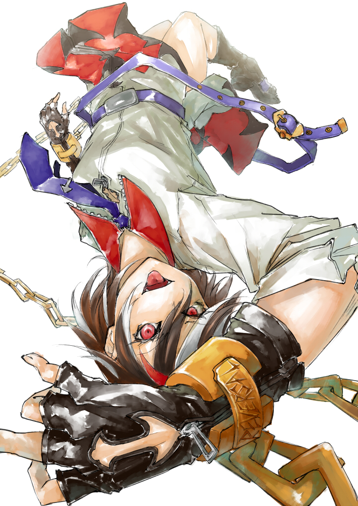 1girl, belt, black_hair, bow, chain, cuffs, dress, fingerless_gloves