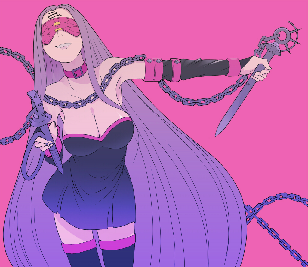 1girl, bare_shoulders, blindfold, breasts, buckle, chain, cleavage, collar, dagger, dress, facial_mark, fate/stay_night, fate_(series), forehead_mark, grin, hirotaka_(bitmap1022), large_breasts, lips, long_hair, purple_background, purple_hair, rider, simple_background, smile, solo, thigh-highs, very_long_hair, weapon