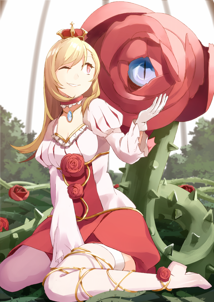 1girl, ;d, blonde_hair, breasts, choker, cleavage, crown, flower