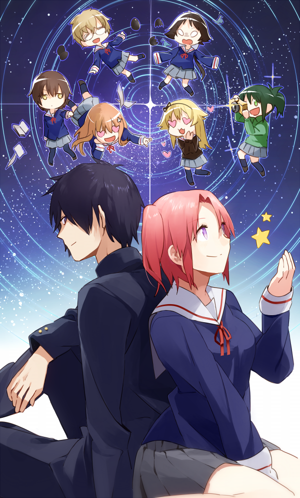 1boy, 6+girls, :d, ^_^, back-to-back, black_eyes, black_hair, blonde_hair