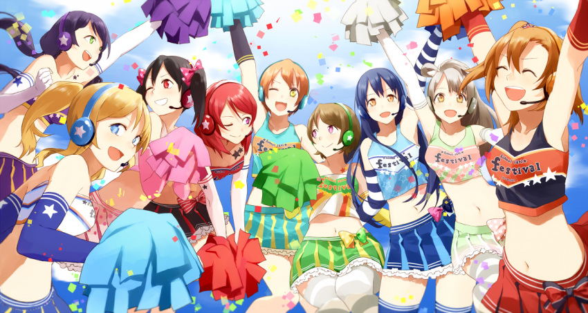 6+girls, :d, ;), ^_^, ayase_eli, black_hair, blonde_hair, blue_eyes