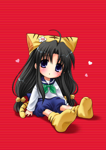 ahoge, bell, black_hair, blue_eyes, blush, bow, cat_ears, chibi