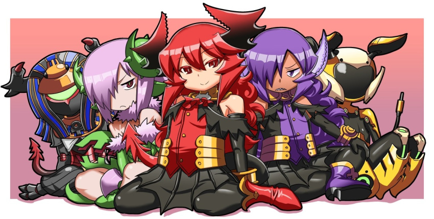5girls, :<, armor, armored_dress, bare_shoulders, black_legwear, cable, dark_skin