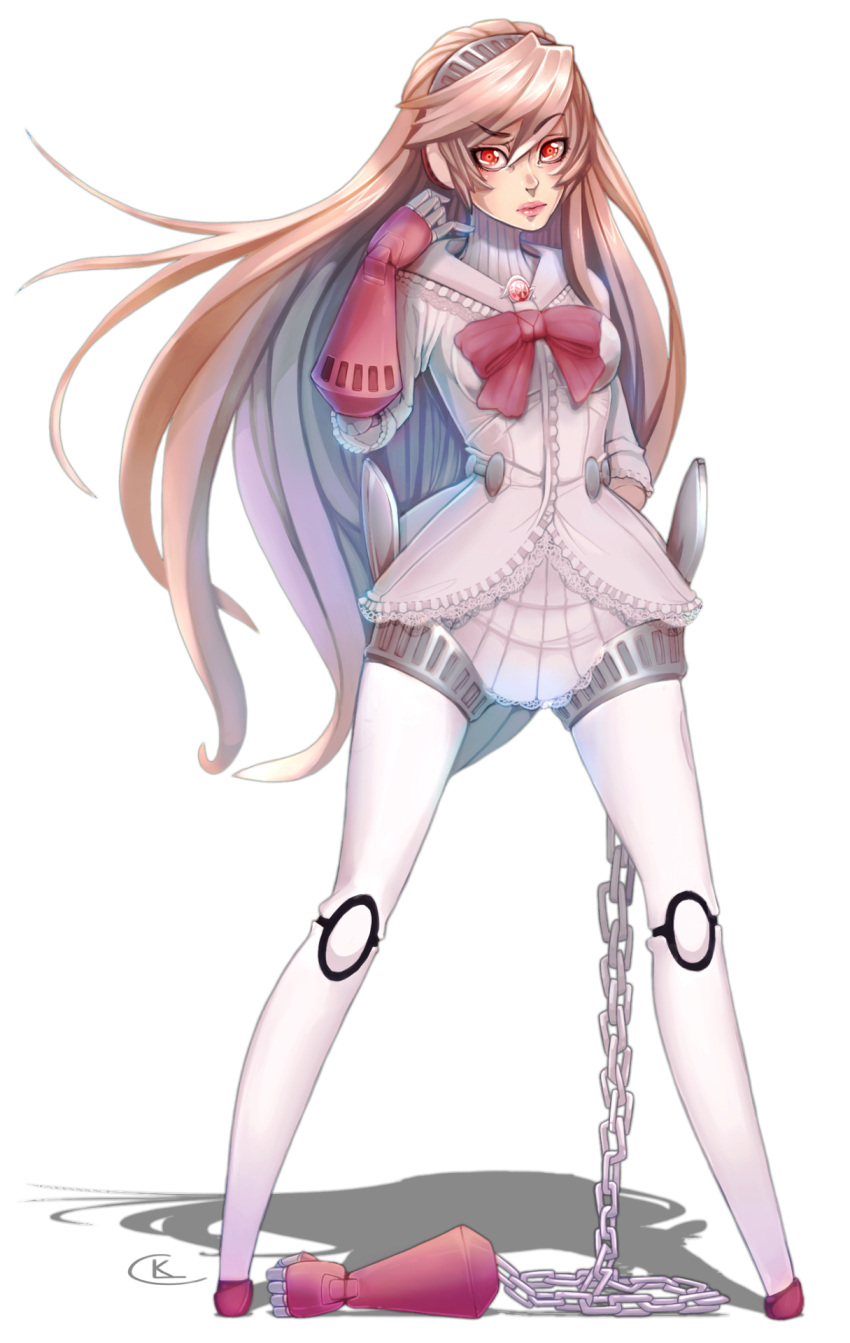 1girl, android, blonde_hair, bow, chain, disembodied_limb, fusion, highres, labrys, lili_(tekken), lips, long_hair, lucky_clover_(luckyxclover), no_feet, persona, persona_4:_the_ultimate_in_mayonaka_arena, red_eyes, robot_joints, solo, tekken, very_long_hair