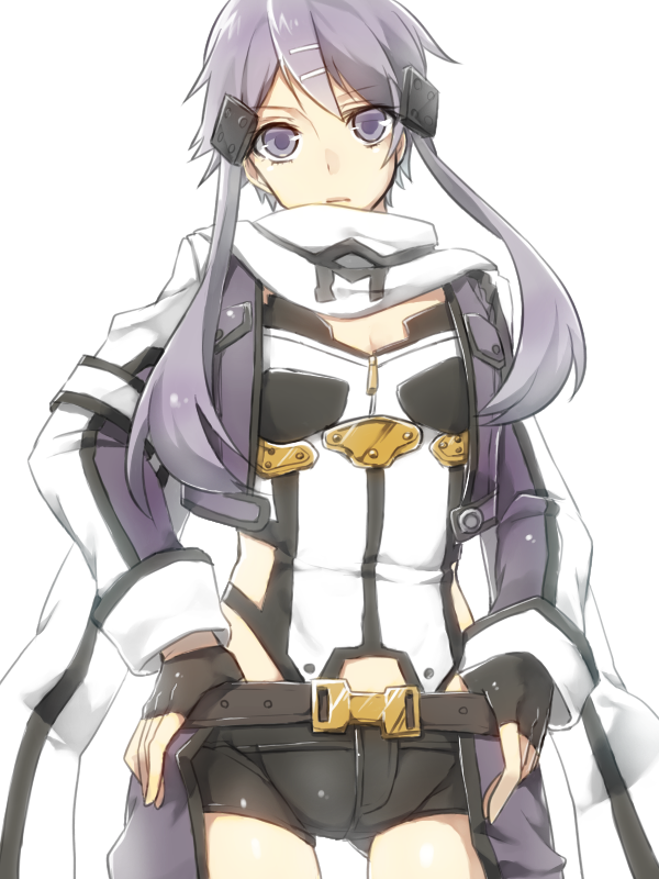 1girl, belt, black_gloves, cosplay, cowboy_shot, fingerless_gloves, gloves, hair_ornament, long_hair, looking_at_viewer, purple_hair, scarf, shinon_(sao), shinon_(sao)_(cosplay), short_shorts, shorts, solo, sword_art_online, twintails, violet_eyes, vivi-t_(akagami), vocaloid, white_background, yuzuki_yukari