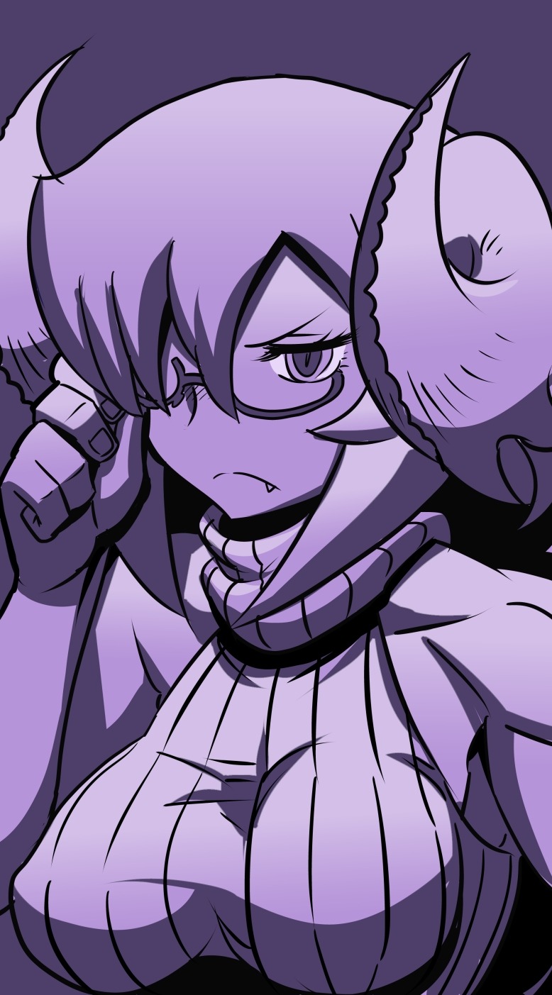 1girl, adjusting_glasses, bare_shoulders, bespectacled, breasts, demon_girl, fang, frown