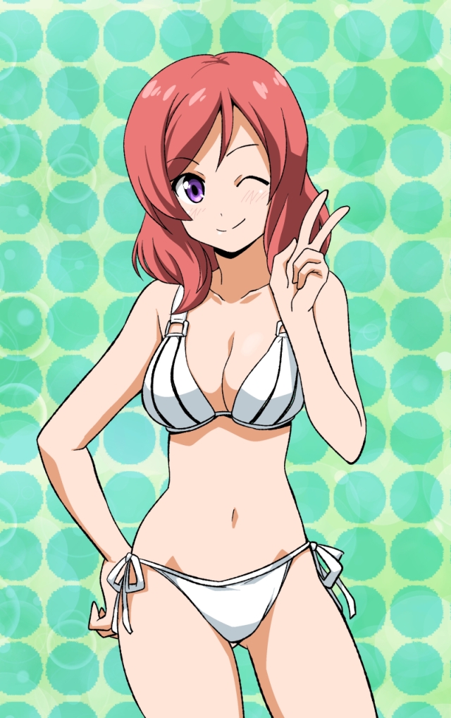 1girl, bikini, ken_(haresaku), love_live!_school_idol_project, nishikino_maki, one_eye_closed, redhead, short_hair