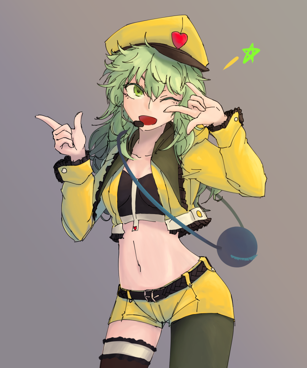 1girl, alternate_costume, colored_eyelashes, cropped_jacket, dress, frilled_dress, frills, green_eyes, green_hair, hat, highres, i-pan, idol, komeiji_koishi, long_hair, long_sleeves, looking_at_viewer, microphone, midriff, peaked_cap, sketch, smile, thigh-highs, touhou, wavy_hair, wide_sleeves, yellow_clothes