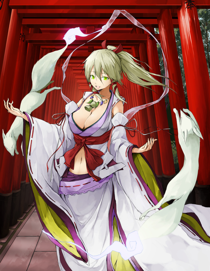1girl, blonde_hair, breasts, cleavage, detached_sleeves, green_eyes, hair_ribbon, highres