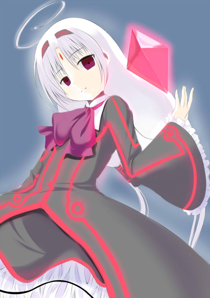 1girl, ahoge, albino, dress, flat_chest, forehead_jewel, frilled_dress, frills