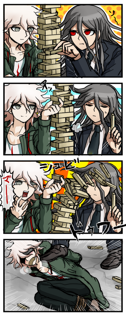 2boys, 4koma, bdsm, black_hair, blindfold, comic, dangan_ronpa, falling