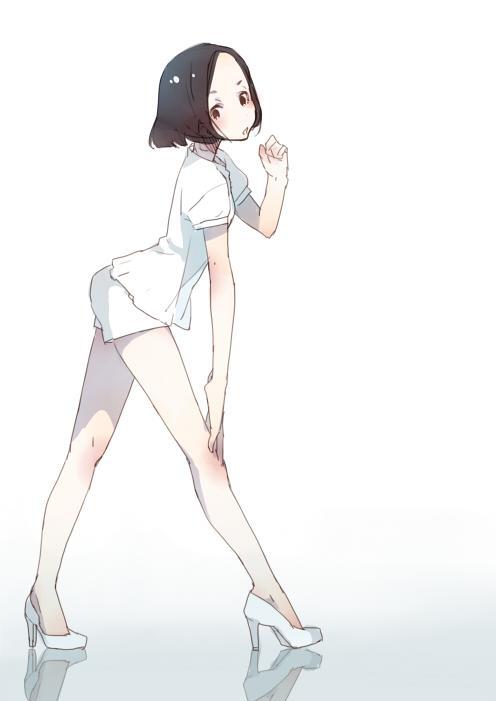 1girl, black_hair, from_side, hand_on_knee, high_heels, mmlu_(honwa_karesu), reflection, reflective_floor