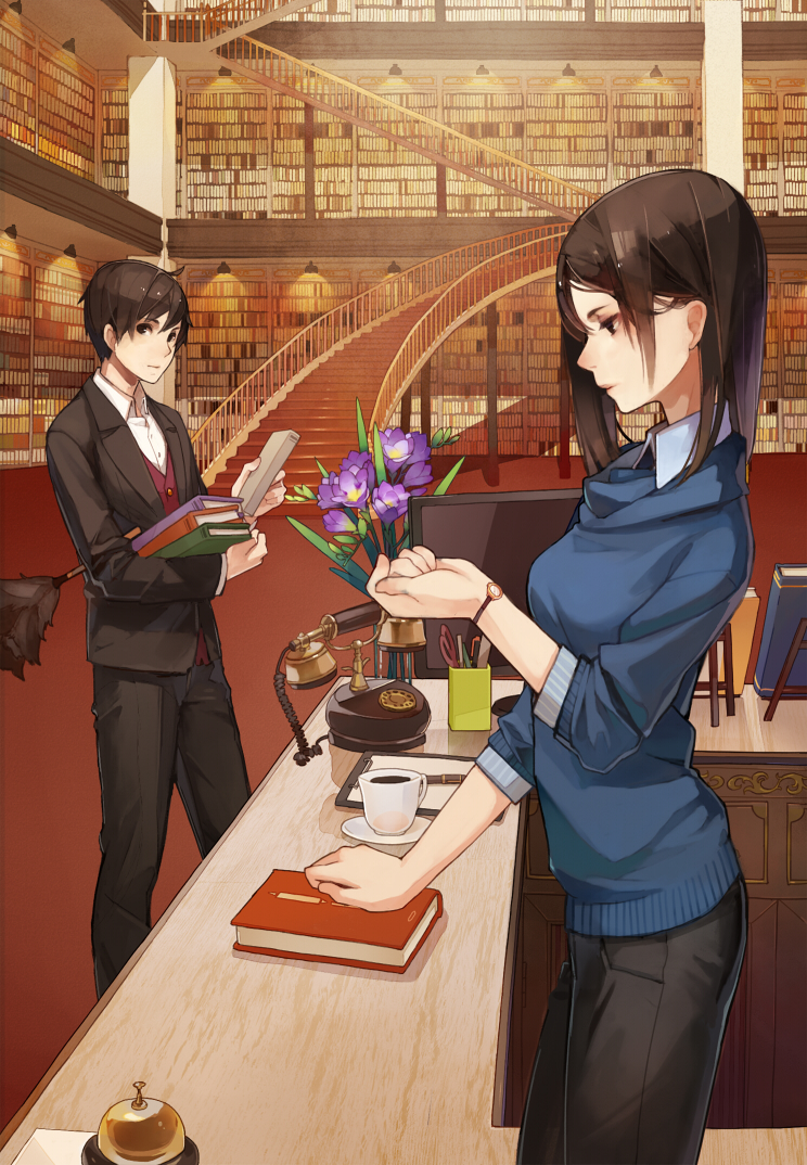 1boy, 1girl, bad_perspective, black_eyes, book, brown_hair, cover, cover_page