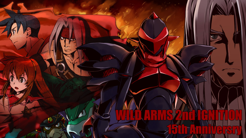 1girl, 3boys, anniversary, armor, ashley_winchester, bangs, black_hair, blue_hair