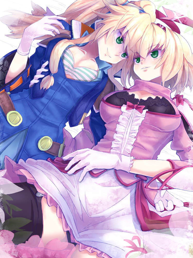 2girls, alexia_lynn_elesius, black_legwear, blonde_hair, bra, clarissa_arwin, dress, eye_contact