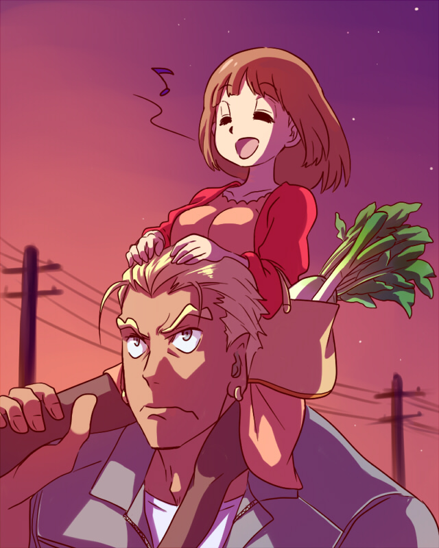 1boy, 1girl, carrying, casual, closed_eyes, fukuso_hilbert_kuukan, gamagoori_ira, hands_on_another's_head