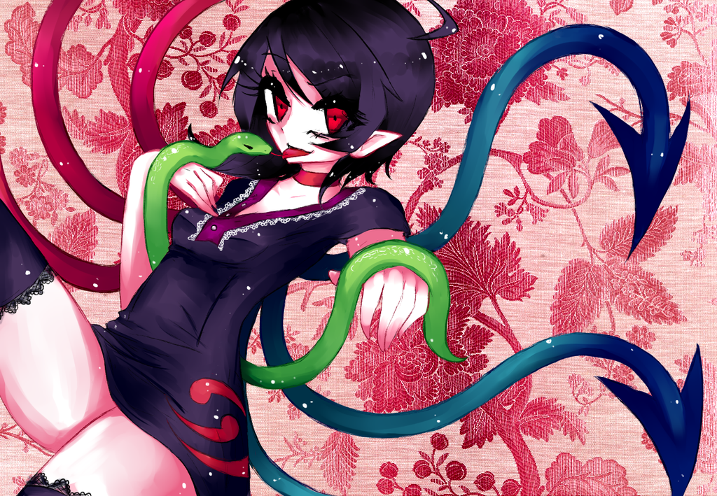 1girl, ahoge, asymmetrical_wings, black_hair, dress, eyelashes, floral_background, foreshortening