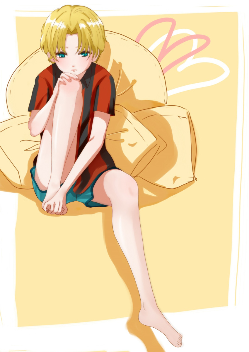 1boy, aoto_gonzales_takuma, aqua_eyes, barefoot, blonde_hair, blush, ginga_e_kickoff!!, highres