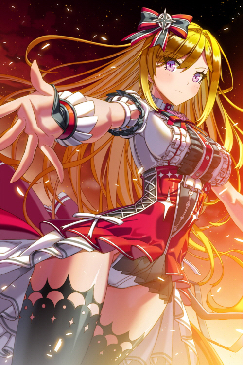 1girl, blonde_hair, blush, breasts, cinia_pacifica_(cosplay), dress, hair_ornament, long_hair