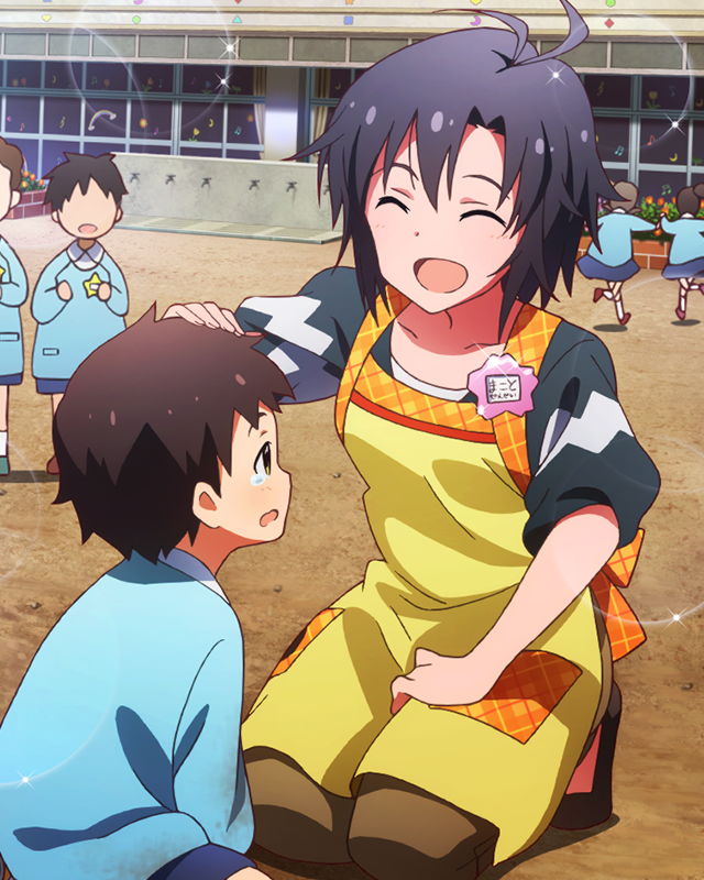 ahoge, black-hair, child, closed_eyes, dress, happy, idolmaster, idolmaster_million_live!, kikuchi_makoto, short_hair