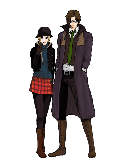 blonde_hair, blue_eyes, braid, brown_hair, ellen_(folkssoul), folkssoul, glasses, hat, keats, long_hair, miisuke, pantyhose, plaid_skirt, short_hair, trenchcoat