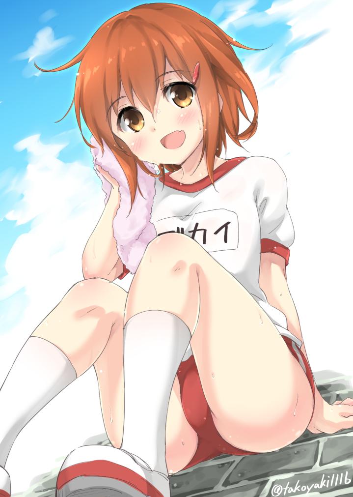 1girl, :d, arm_support, blush, brown_hair, buruma, clouds, fang, gym_uniform, hair_ornament, hairclip, ikazuchi_(kantai_collection), kantai_collection, looking_at_viewer, name_tag, open_mouth, shoes, short_hair, sitting, sky, smile, socks, solo, sweat, takoyaki_(takoyaki-batake), towel, twitter_username, uwabaki, white_legwear
