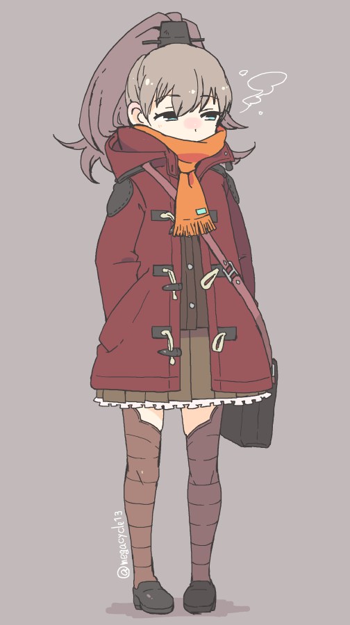 1girl, aqua_eyes, brown_hair, brown_legwear, full_body, grey_background, hands_in_pockets, jacket
