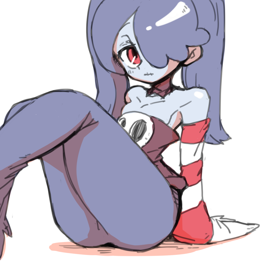 1girl, alternate_hairstyle, bare_shoulders, blue_skin, breasts, choker, cleavage, collarbone, hair_over_one_eye, inarou_(rakugakiproject), long_hair, long_sleeves, looking_away, purple_hair, purple_skirt, red_eyes, shadow, simple_background, skirt, skullgirls, sleeves_past_wrists, solo, squigly_(skullgirls), stitched_mouth, stitches, striped_sleeves, twintails, white_background, zombie