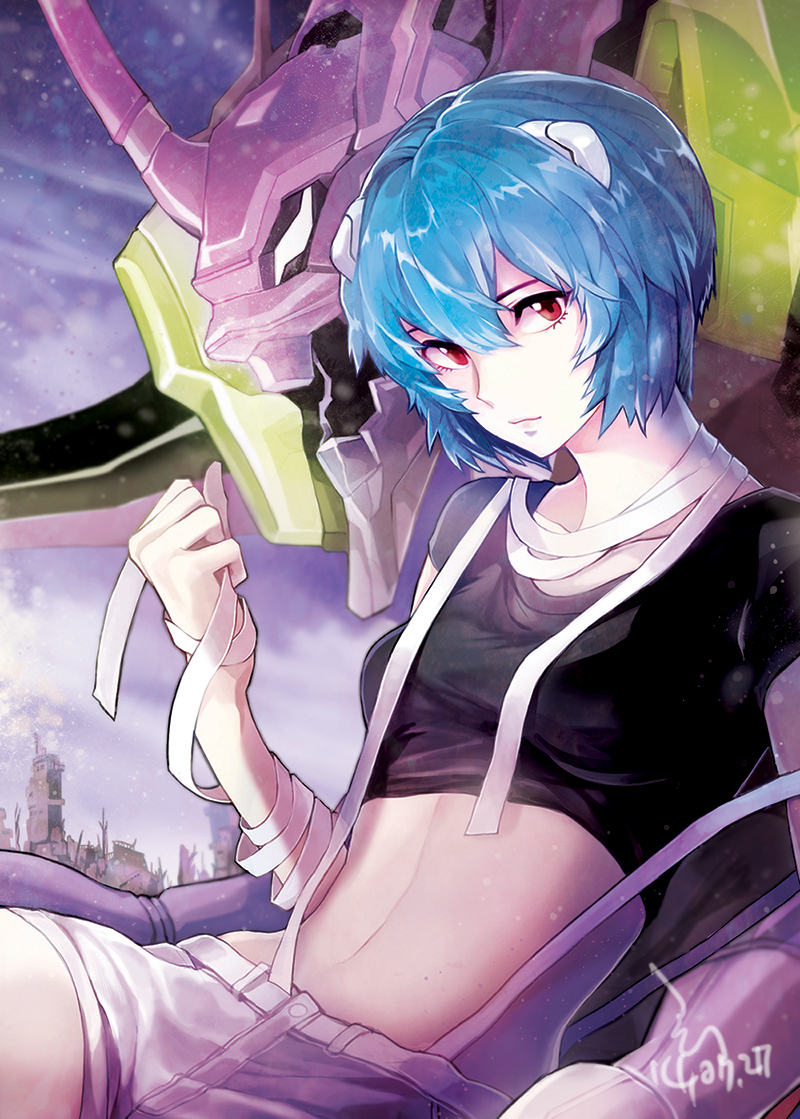 1girl, ayanami_rei, bandages, blue_hair, collarbone, crop_top, dated, eva_01, hyun, looking_at_viewer, midriff, navel, neon_genesis_evangelion, red_eyes, short_hair, short_shorts, shorts, solo, t-shirt