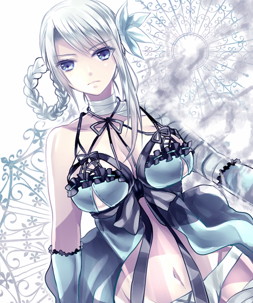 1girl, bandages, blue_eyes, braid, breasts, flower, gloves, hair_flower, hair_ornament, kaine_(nier), kanaso529, lingerie, long_hair, navel, negligee, nier, panties, silver_hair, solo, underwear
