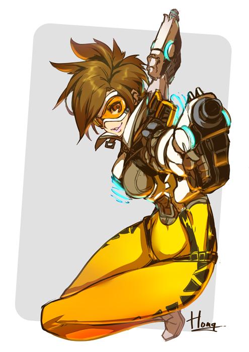 1girl, breasts, brown_hair, dual_wielding, freckles, goggles, gun, handgun