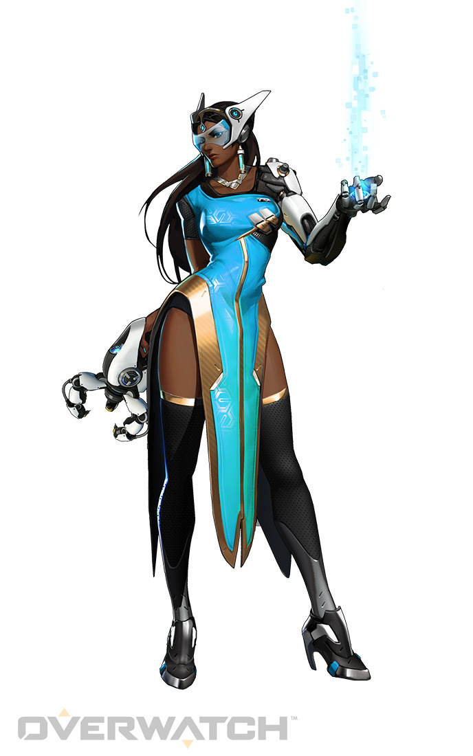 1girl, black_eyes, black_hair, black_legwear, blue_dress, dark_skin, dress, full_body, headgear, high_heels, long_hair, official_art, overwatch, satya_vaswani, side_slit, simple_background, solo, symmetra_(overwatch), thigh-highs, visor, watermark, white_background