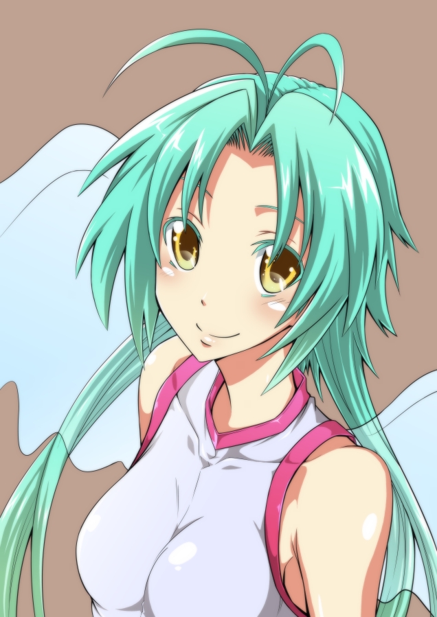 1girl, aqua_hair, blush, brown_background, duel_monster, effect_veiler, long_hair, looking_at_viewer