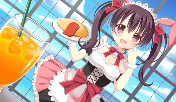 1girl, :d, black_hair, bow, carrying, dutch_angle, food, hair_bow