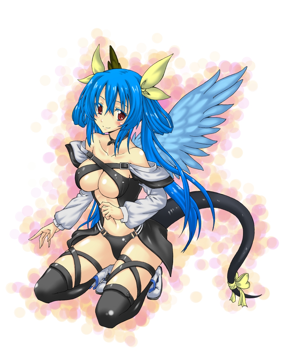 1girl, asymmetrical_wings, bare_shoulders, blue_hair, blush, breasts, choker, dizzy
