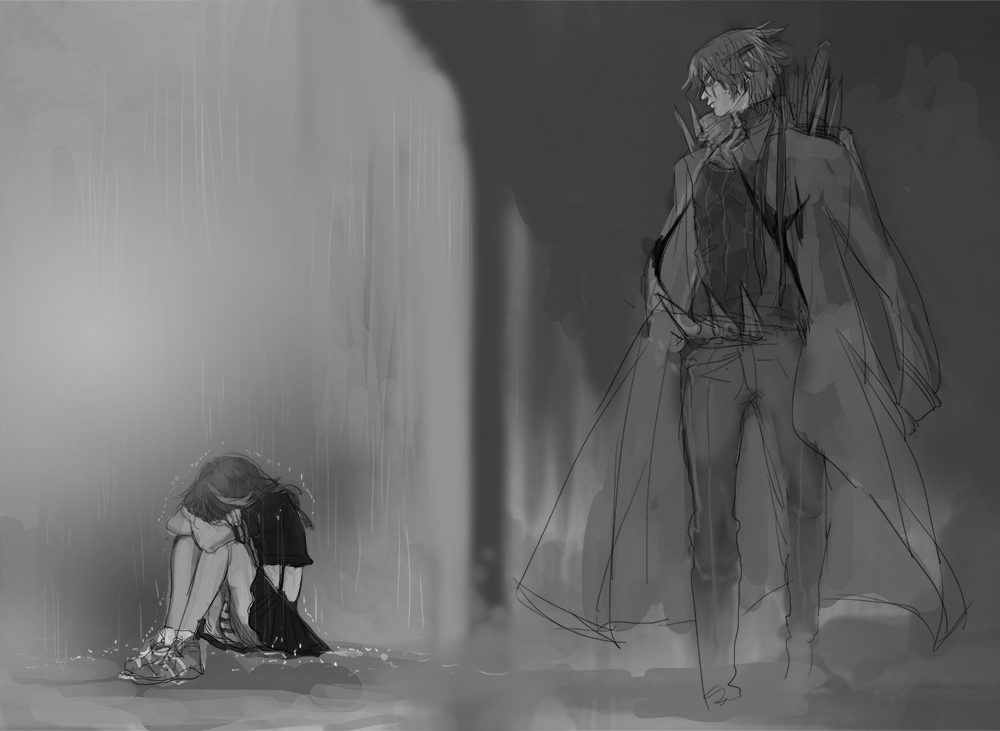 1boy, 1girl, kill_la_kill, leg_hug, long_coat, looking_back, matoi_ryuuko, monochrome